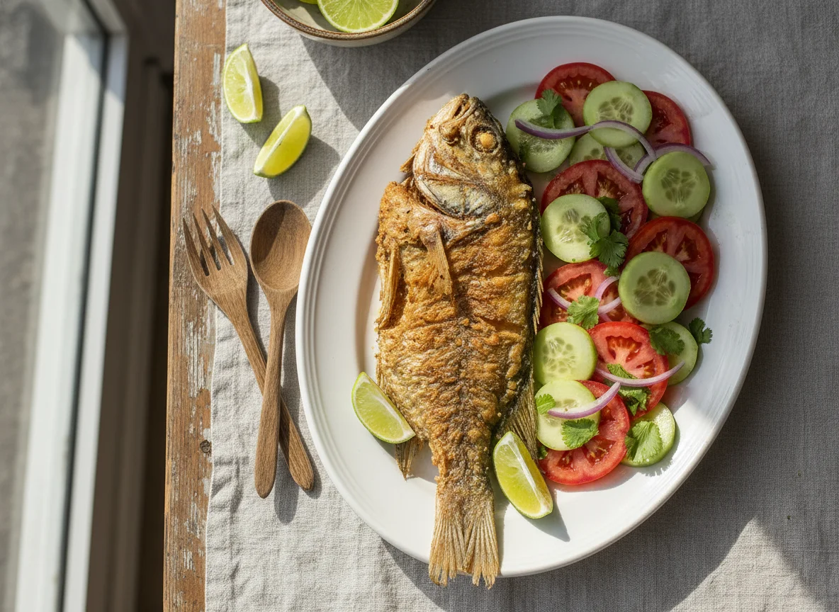 Pescado frito con ensalada photo