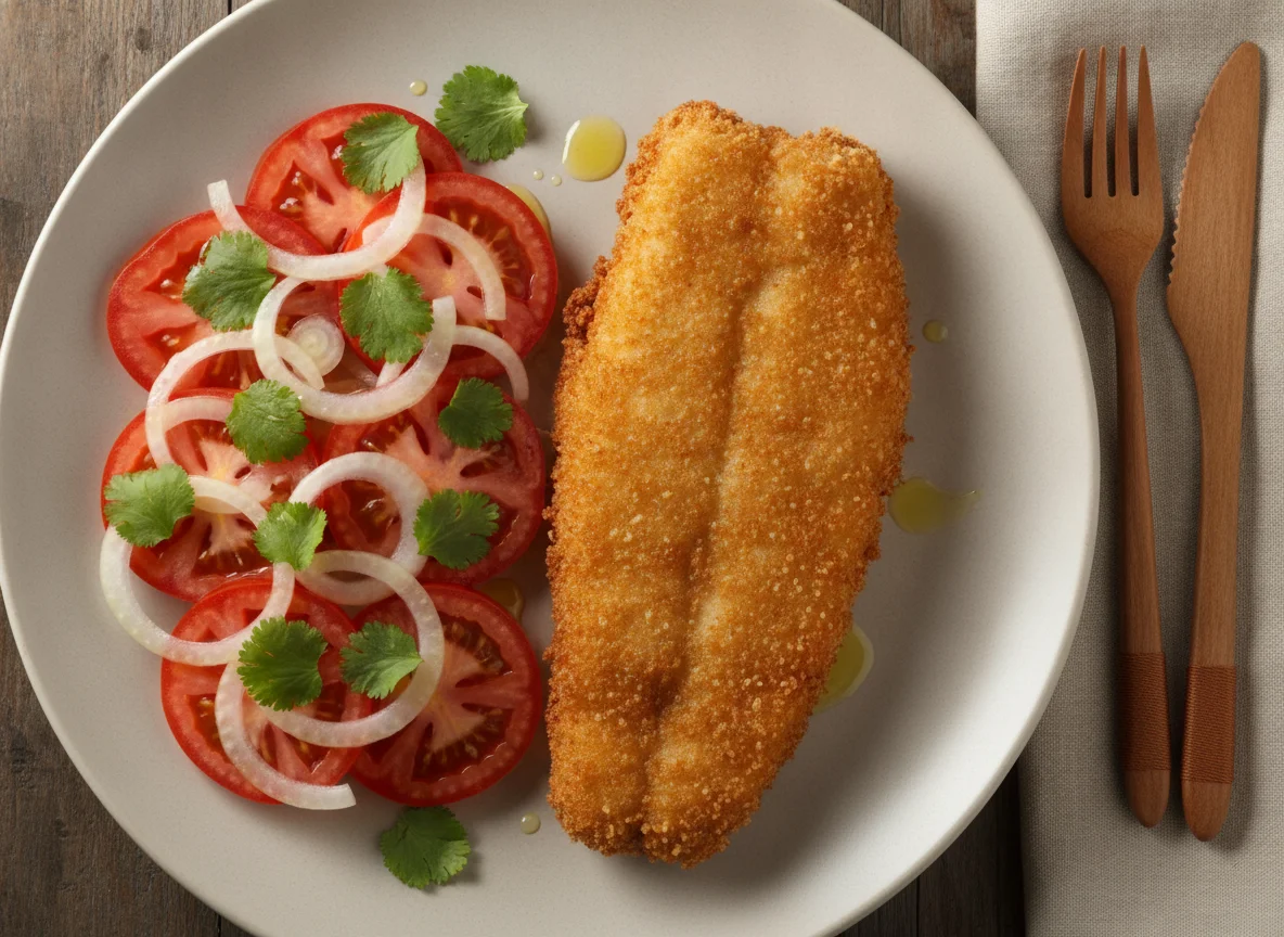Pescado frito con ensalada chilena photo