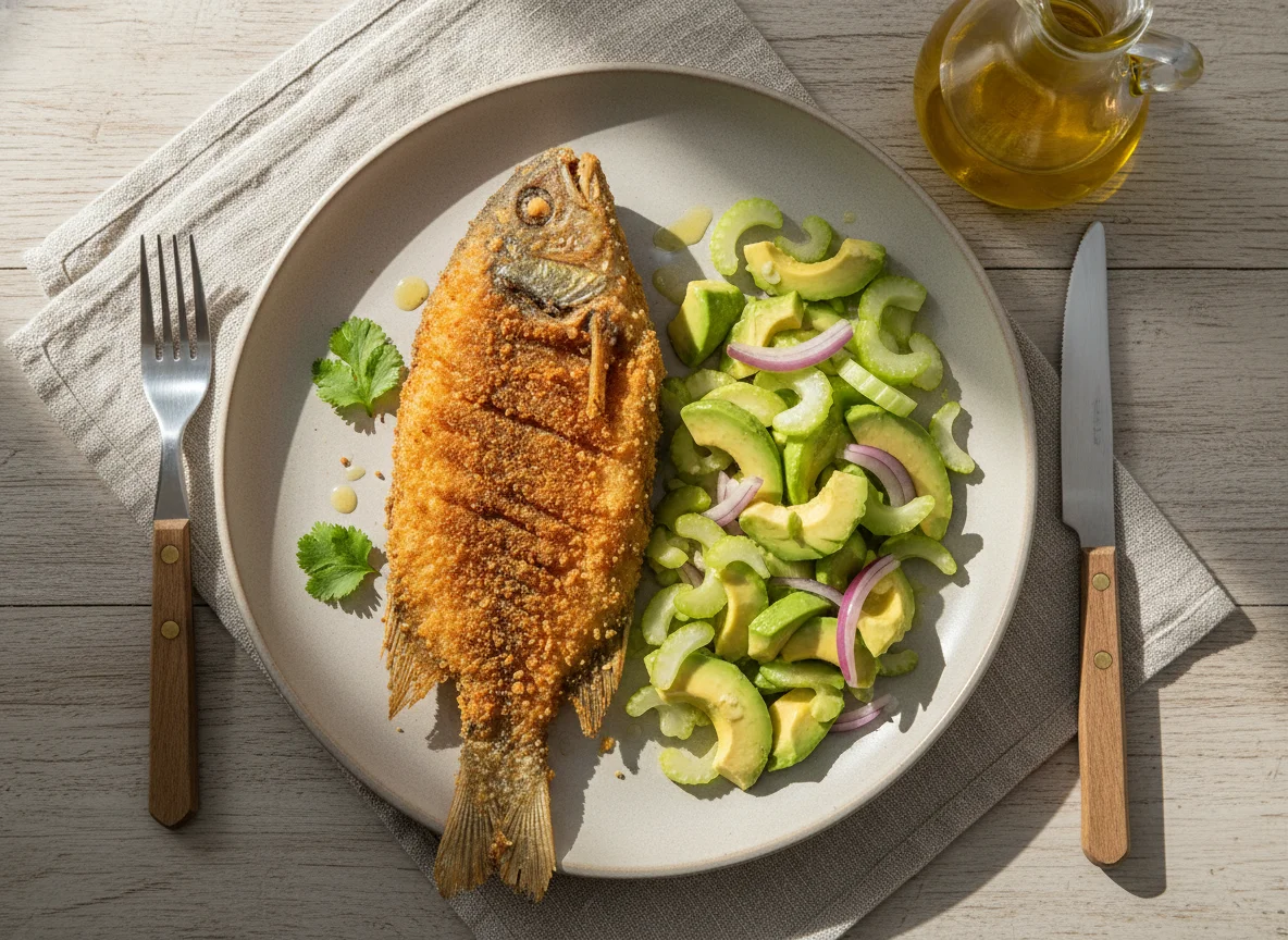 Pescado frito con ensalada de apio y palta photo