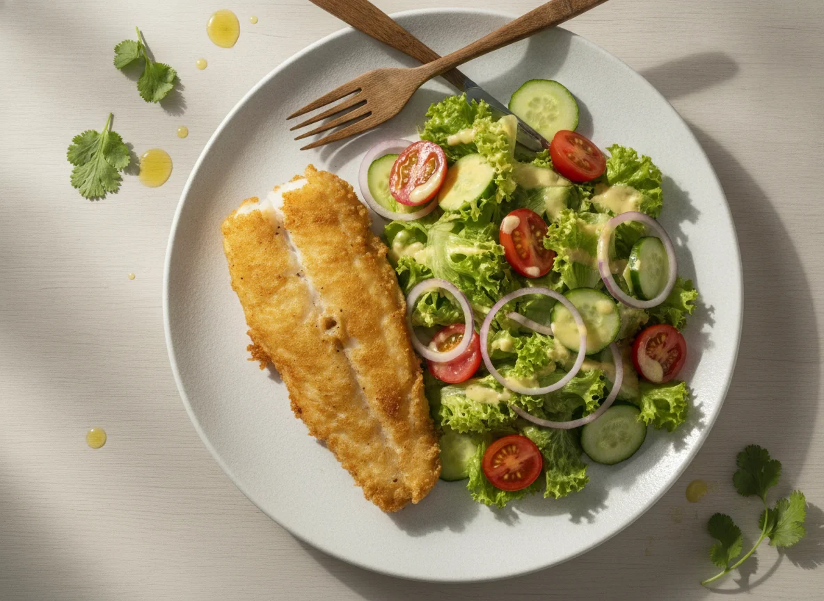 Pescado frito con ensalada fresca photo
