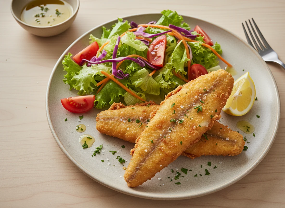 Pescado frito con ensalada mixta photo