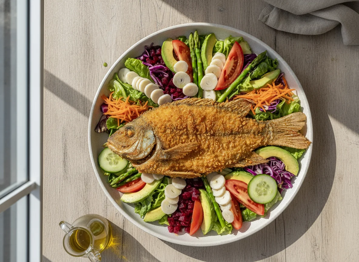 Pescado frito con ensalada mixta y palmitos photo