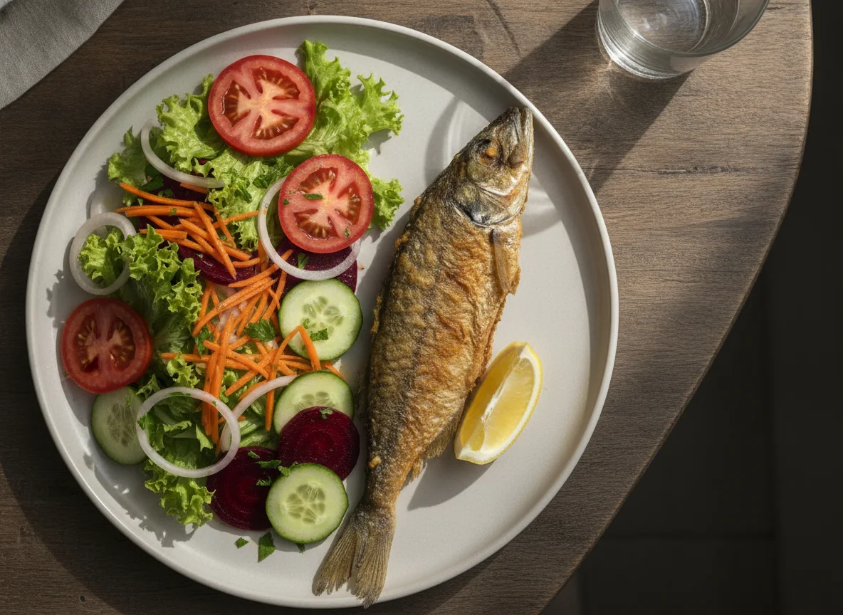 Pescado frito con ensalada surtida photo