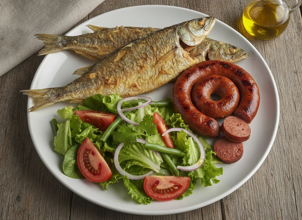Pescado frito con ensalada y longaniza photo