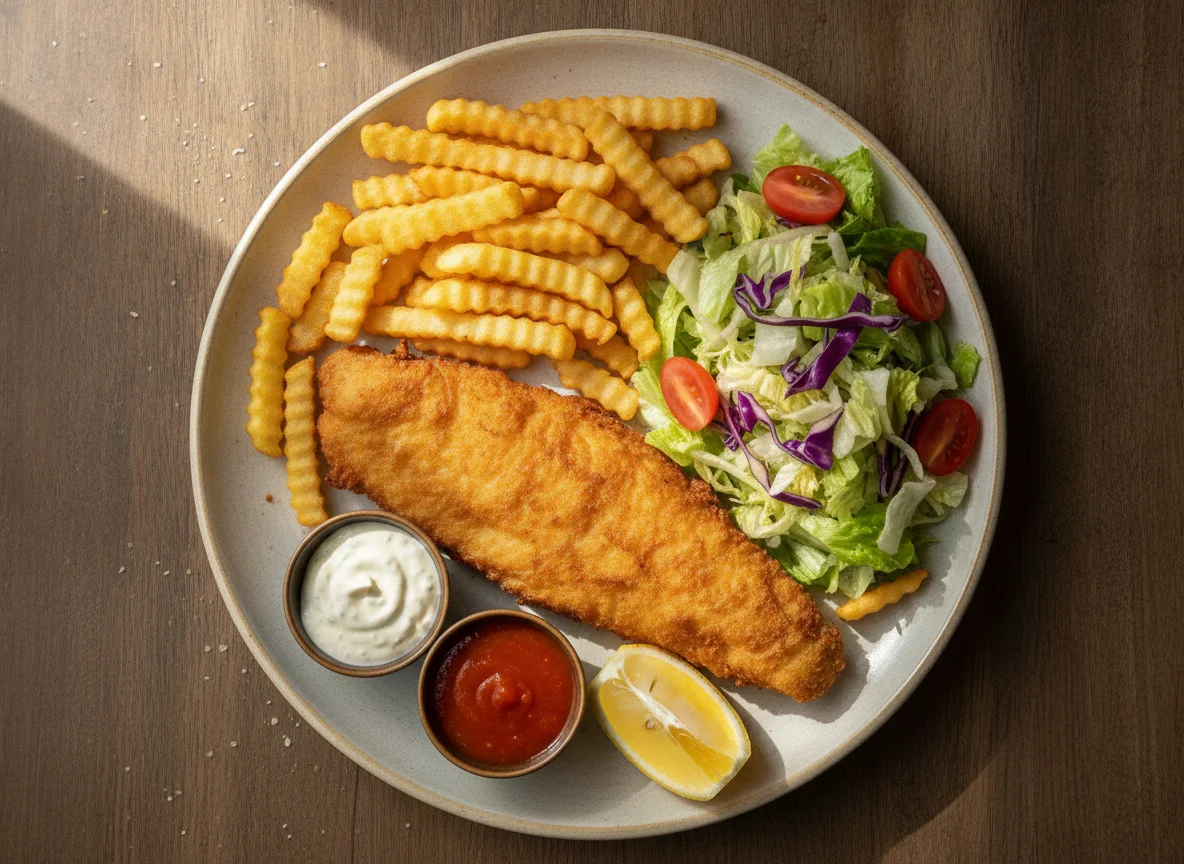 Pescado frito con ensalada y papas fritas photo