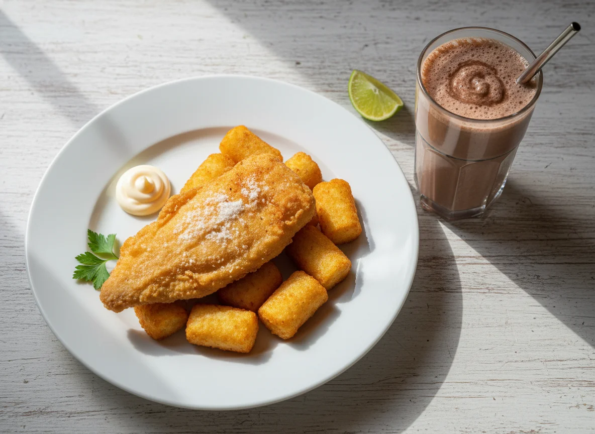 Pescado frito con guarnición y bebida photo