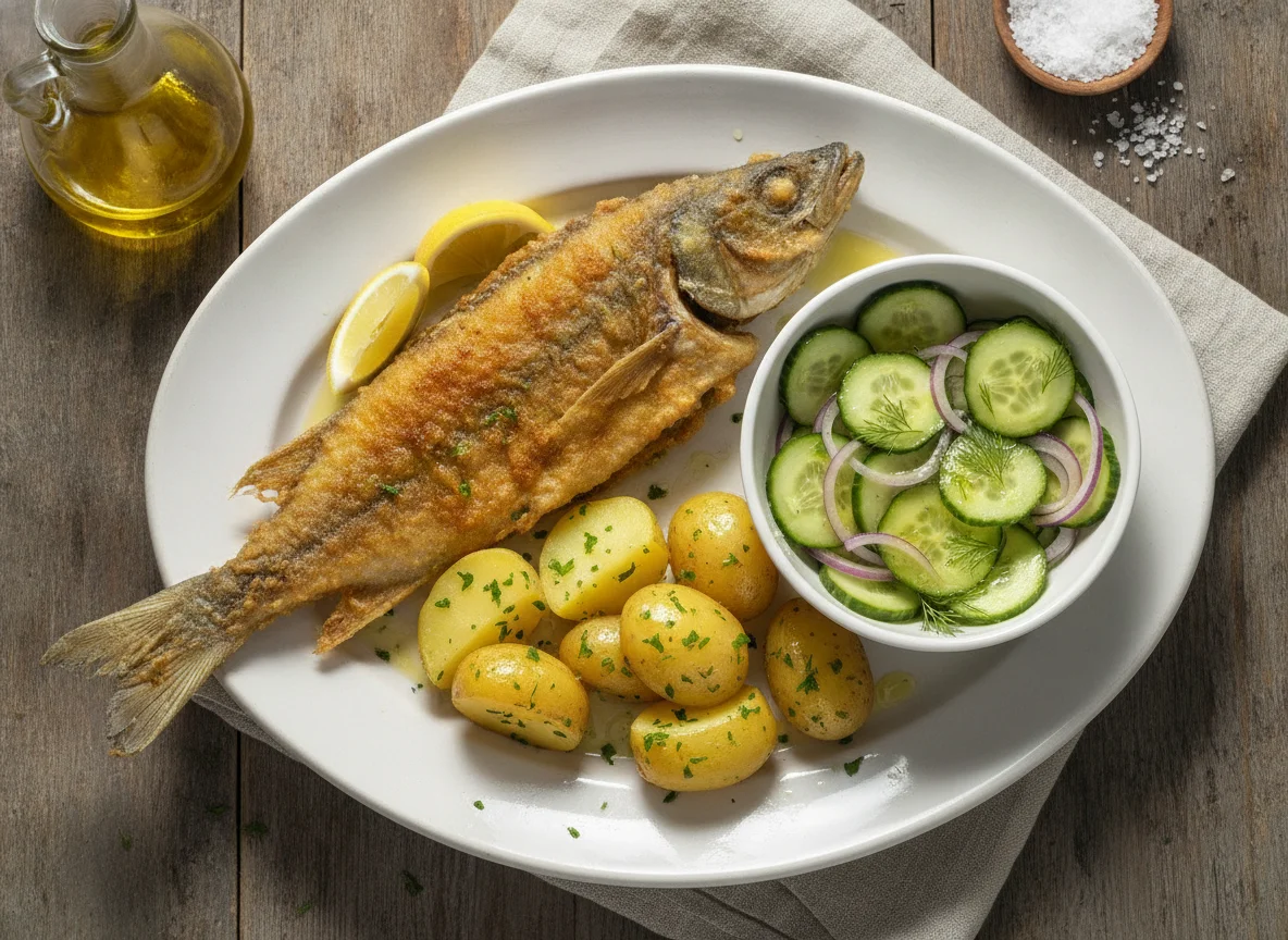 Pescado frito con papas cocidas y ensalada de pepino photo
