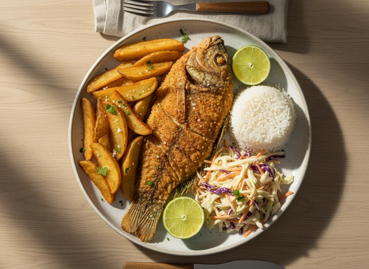 Pescado frito con patatas, arroz y ensalada de col photo