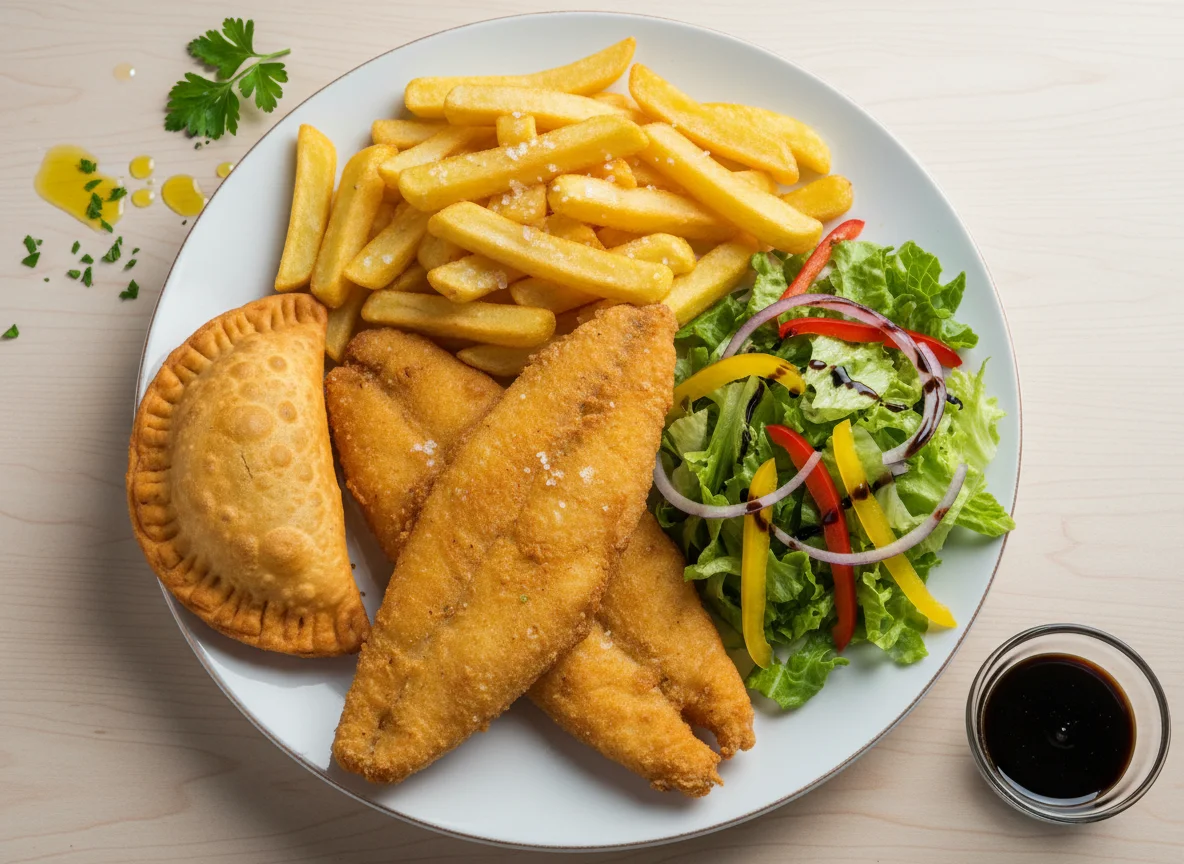 Pescado frito con patatas fritas, empanadilla y ensalada photo