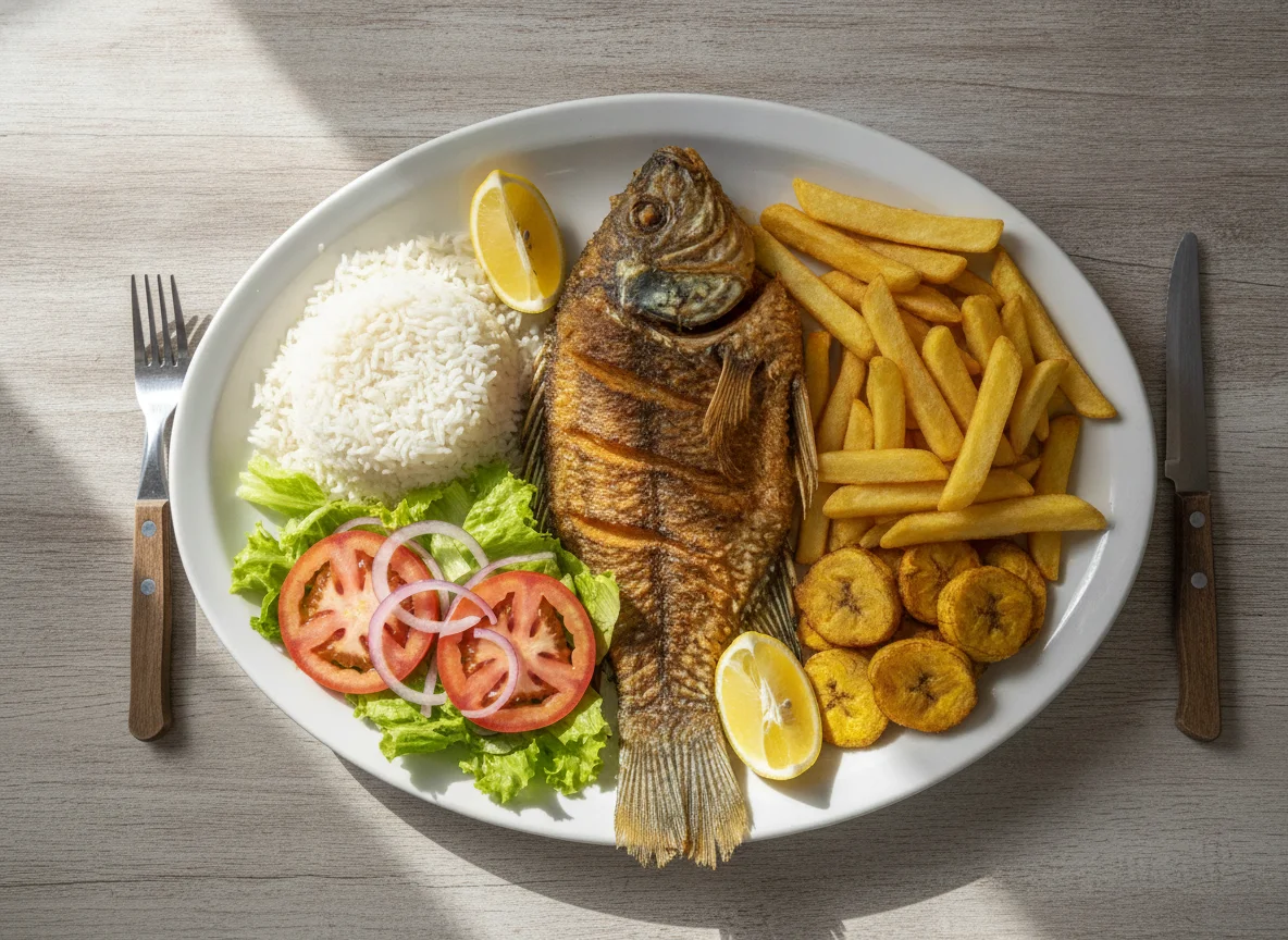 Pescado frito con patatas fritas, patacón, arroz y ensalada photo