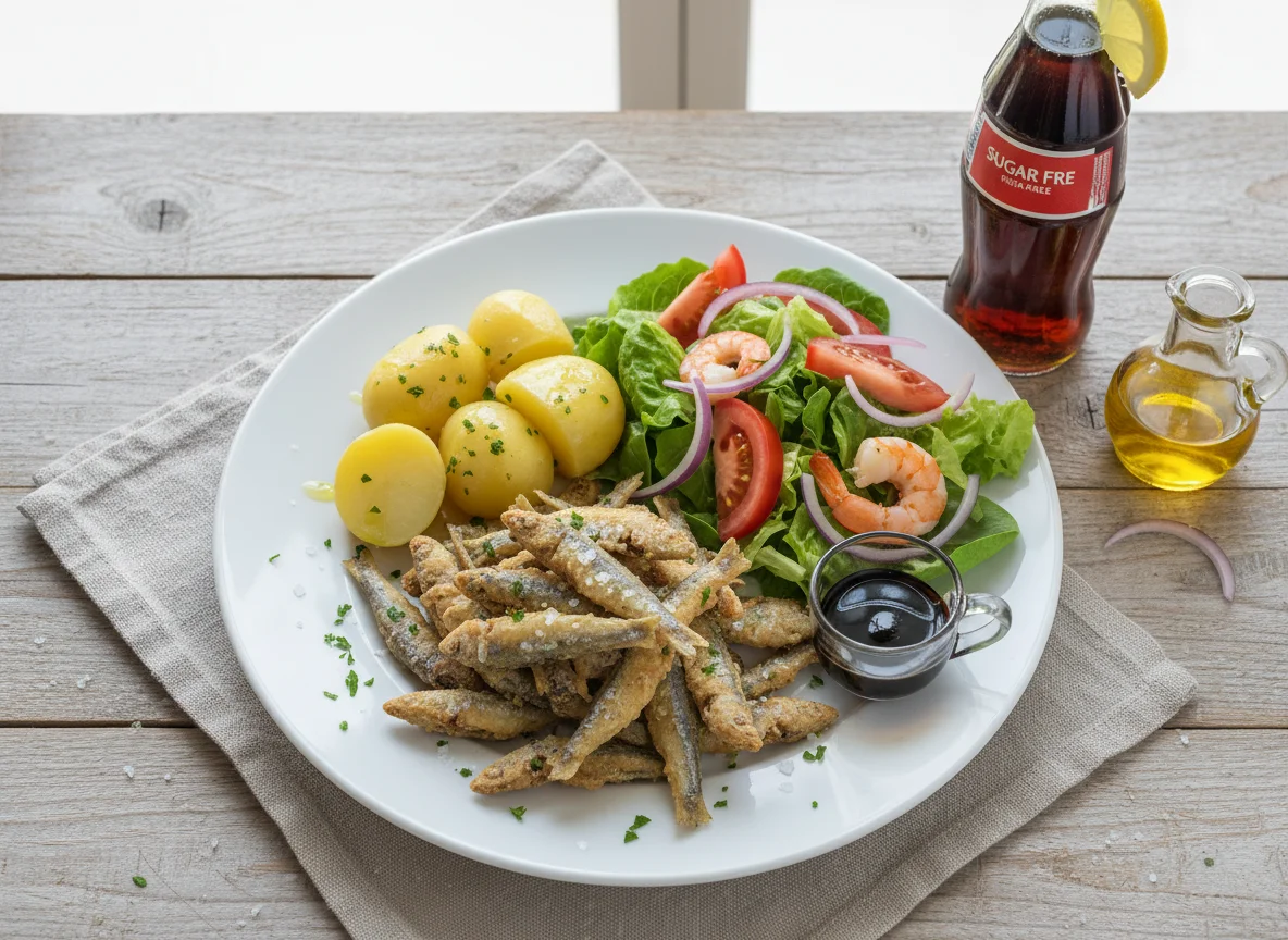 Pescado frito con patatas y ensalada photo