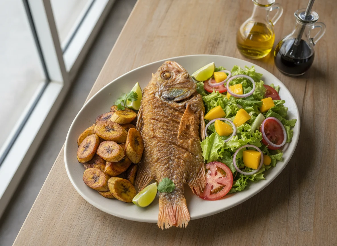Pescado frito con plátano y ensalada photo