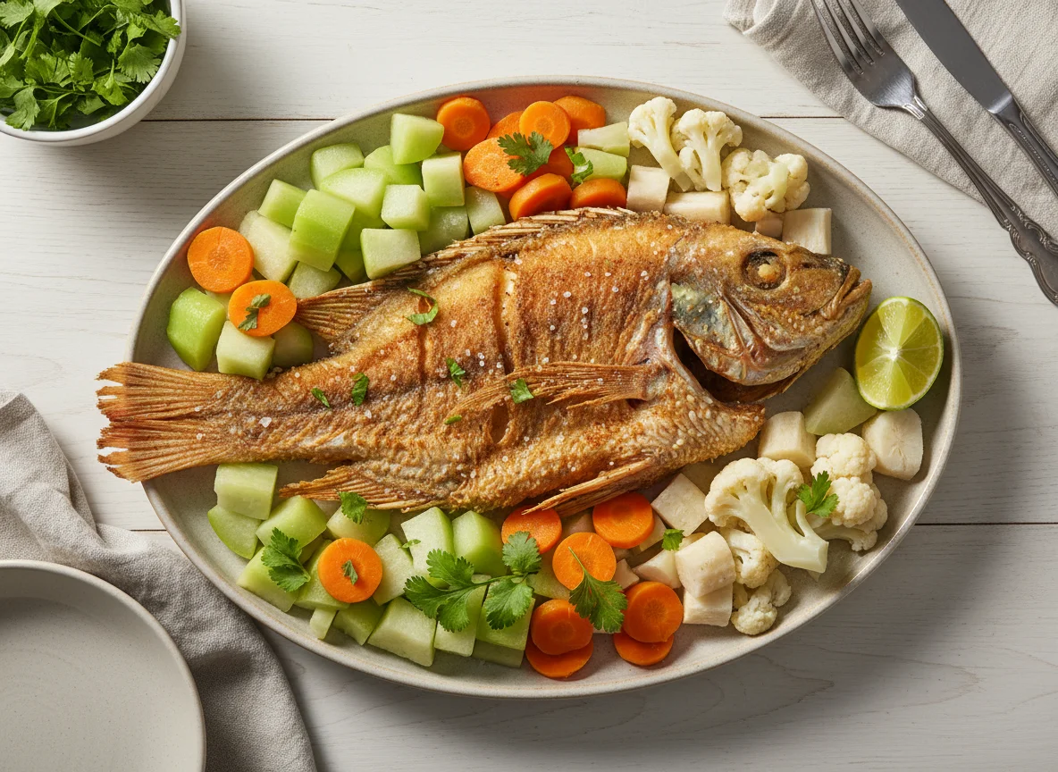 Pescado frito con vegetales al vapor photo