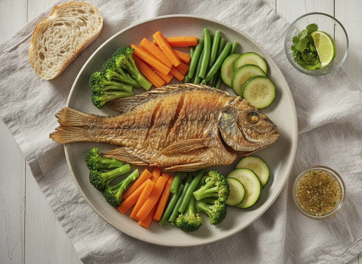 Pescado frito con vegetales al vapor y pan photo