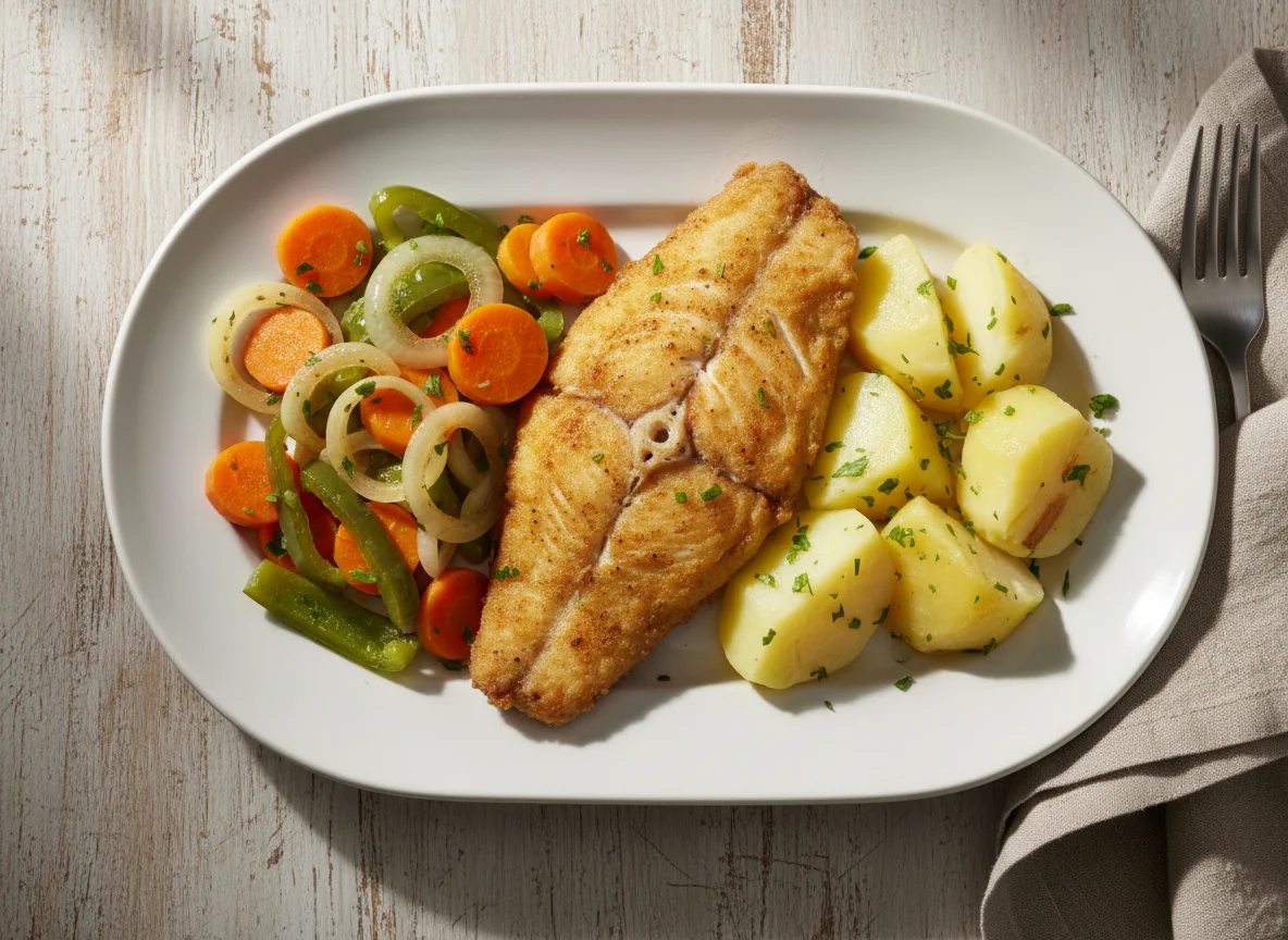 Pescado frito con vegetales y papas photo