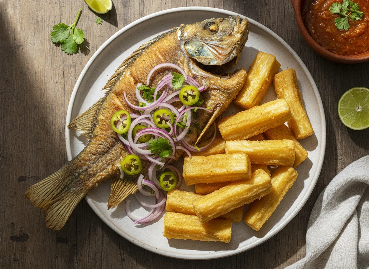 Pescado frito con yuca y salsa criolla photo