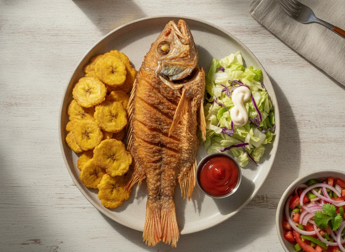 Pescado frito entero con patacones y ensalada photo