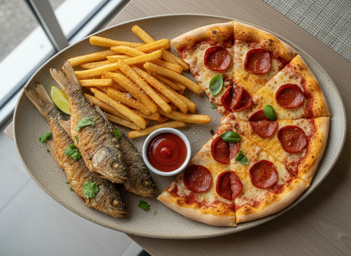 Pescado frito, papas fritas y pizza de pepperoni photo