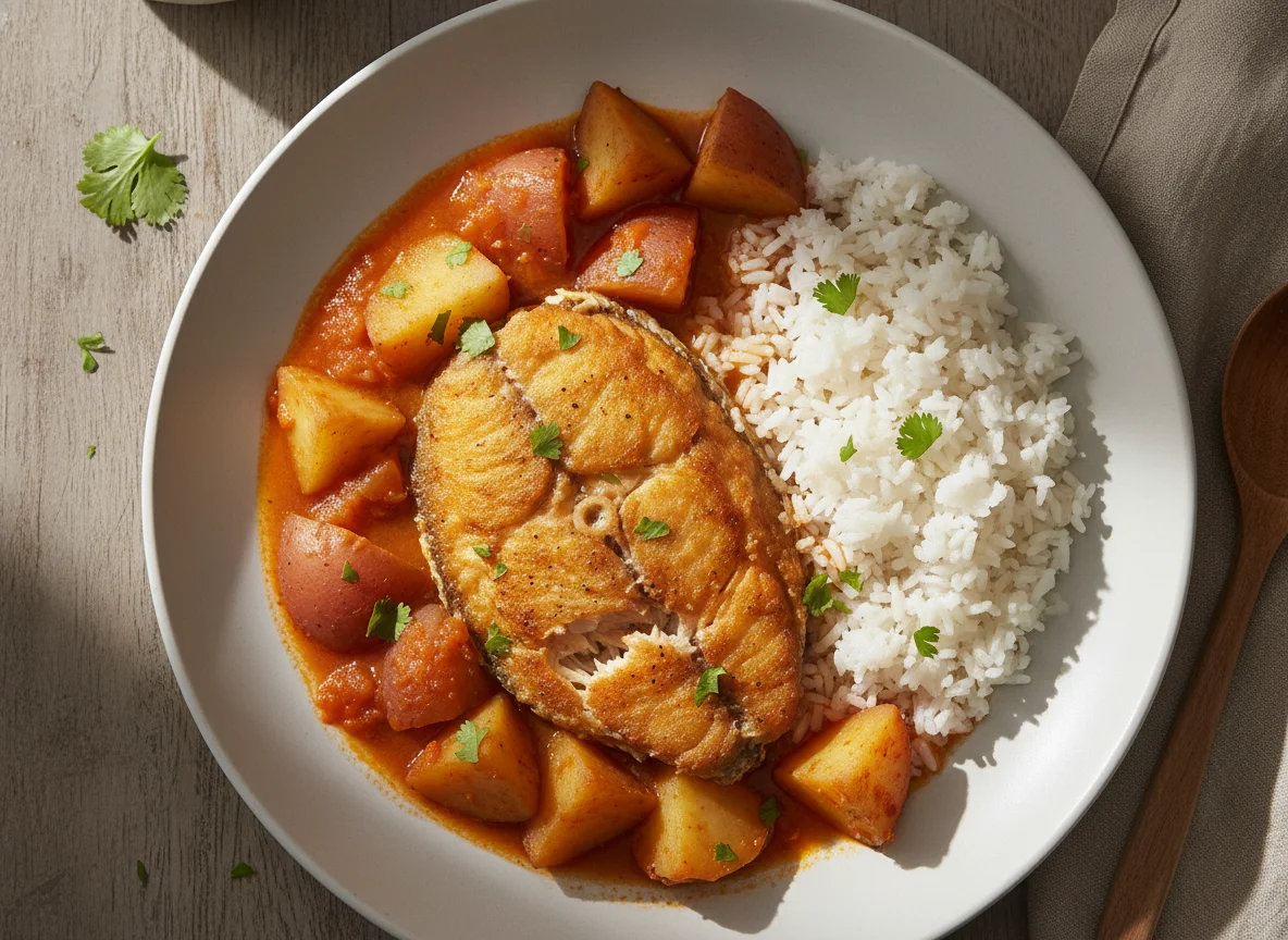 Pescado guisado con papas y arroz photo