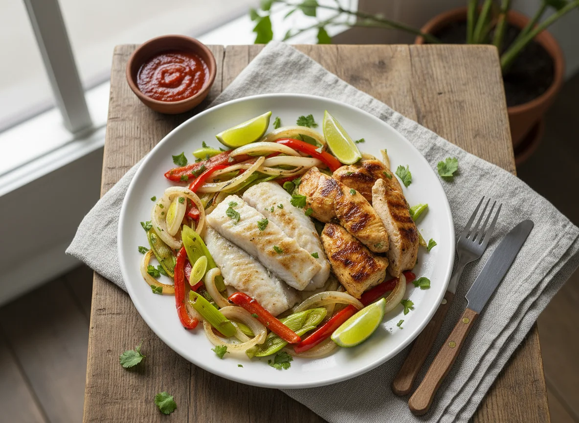 Pescado o pollo con vegetales salteados photo