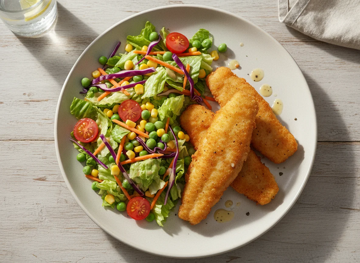 Pescado rebozado con ensalada mixta photo