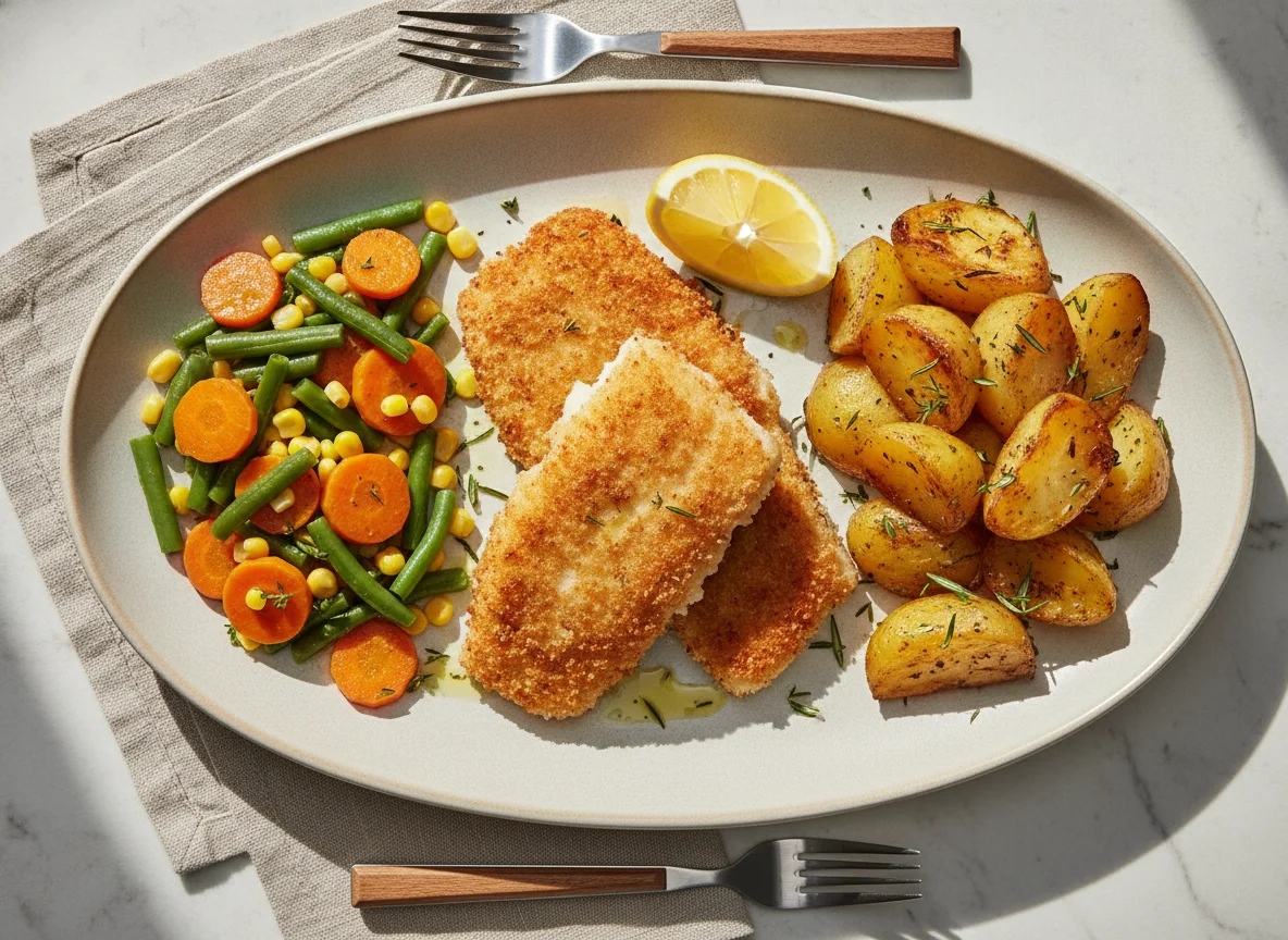 Pescado rebozado con patatas asadas y menestra de verduras photo