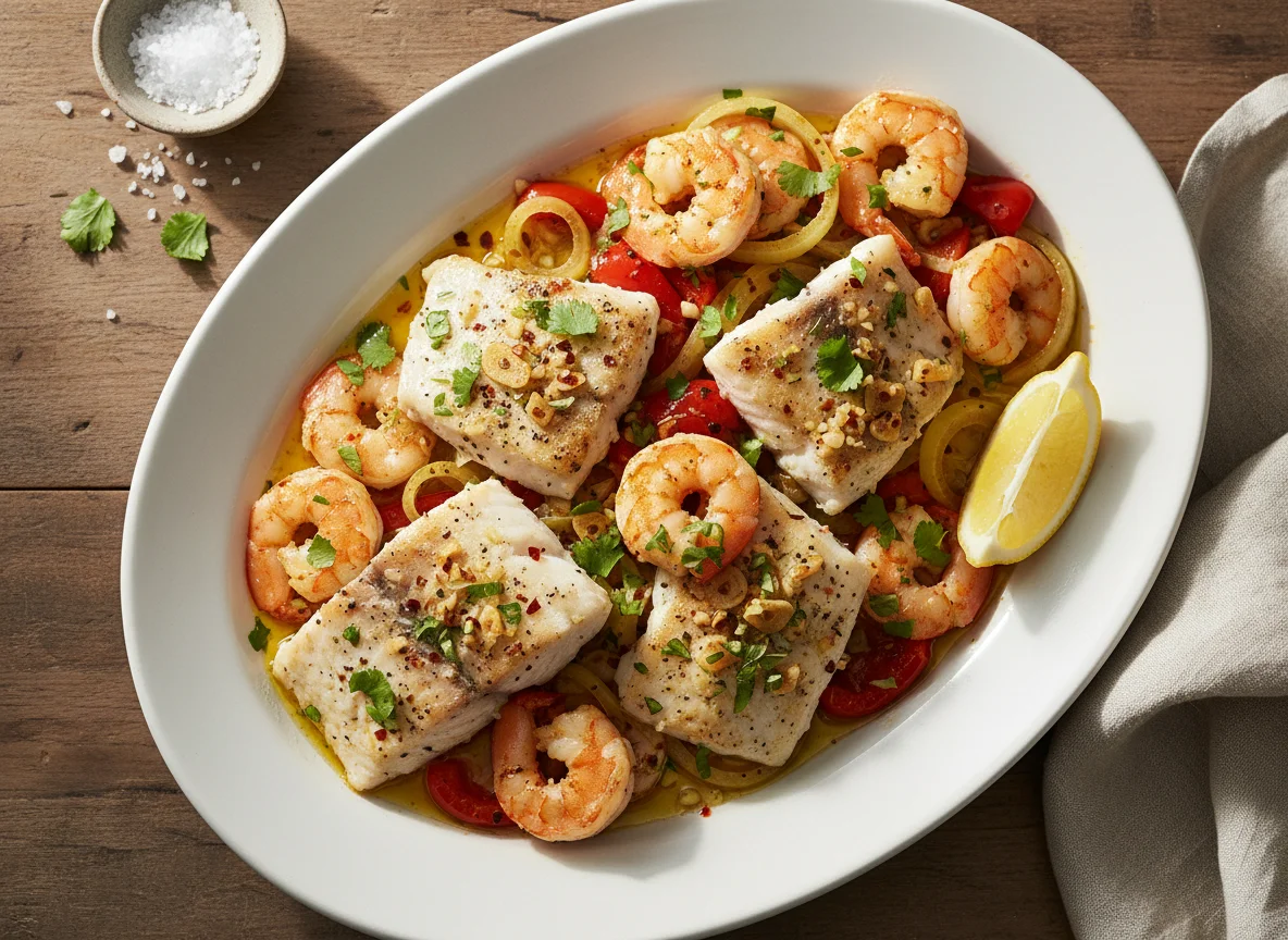 Pescado y camarones salteados photo