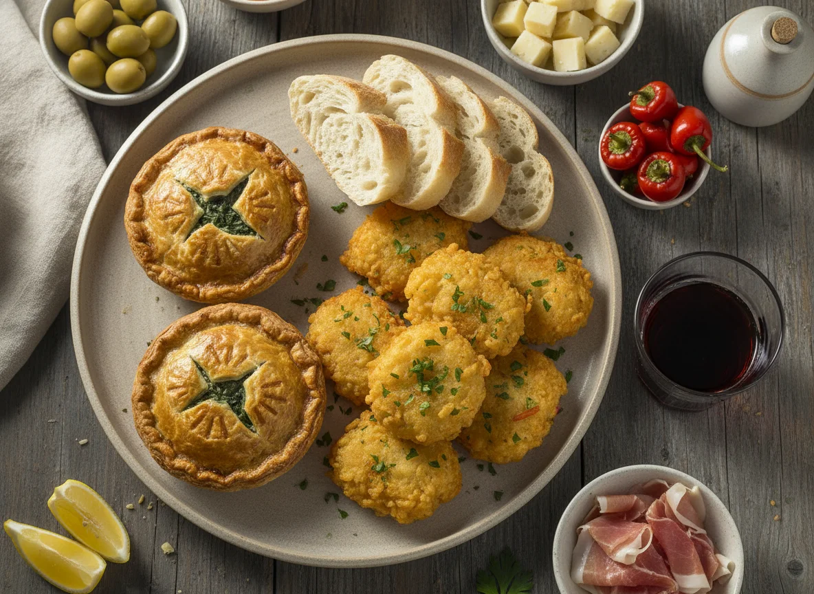 Picada con tartas de espinaca y buñuelos de arroz photo