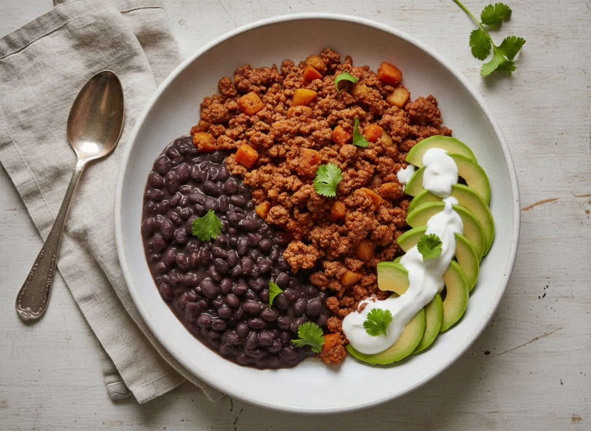 Picadillo con aguacate, frijoles y crema photo