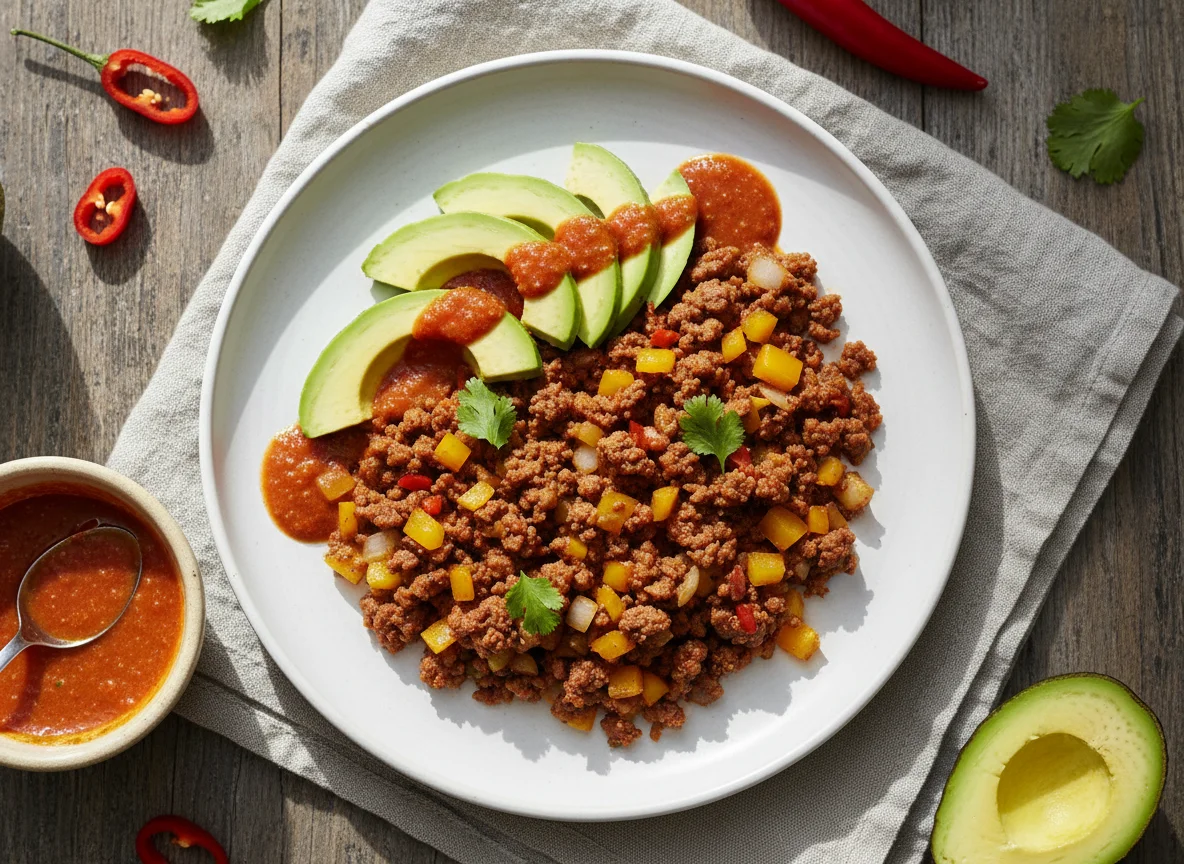 Picadillo con aguacate y salsa photo