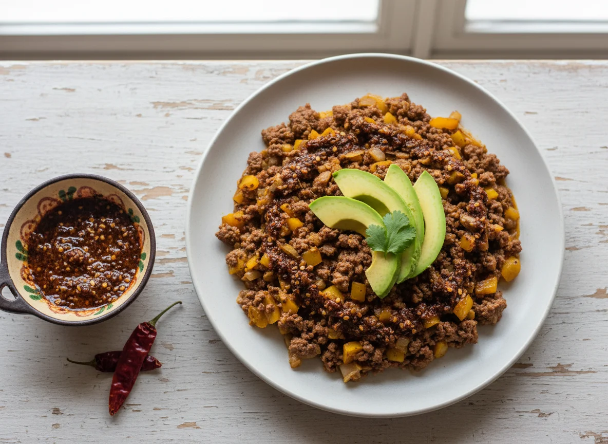 Picadillo con aguacate y salsa de chile photo