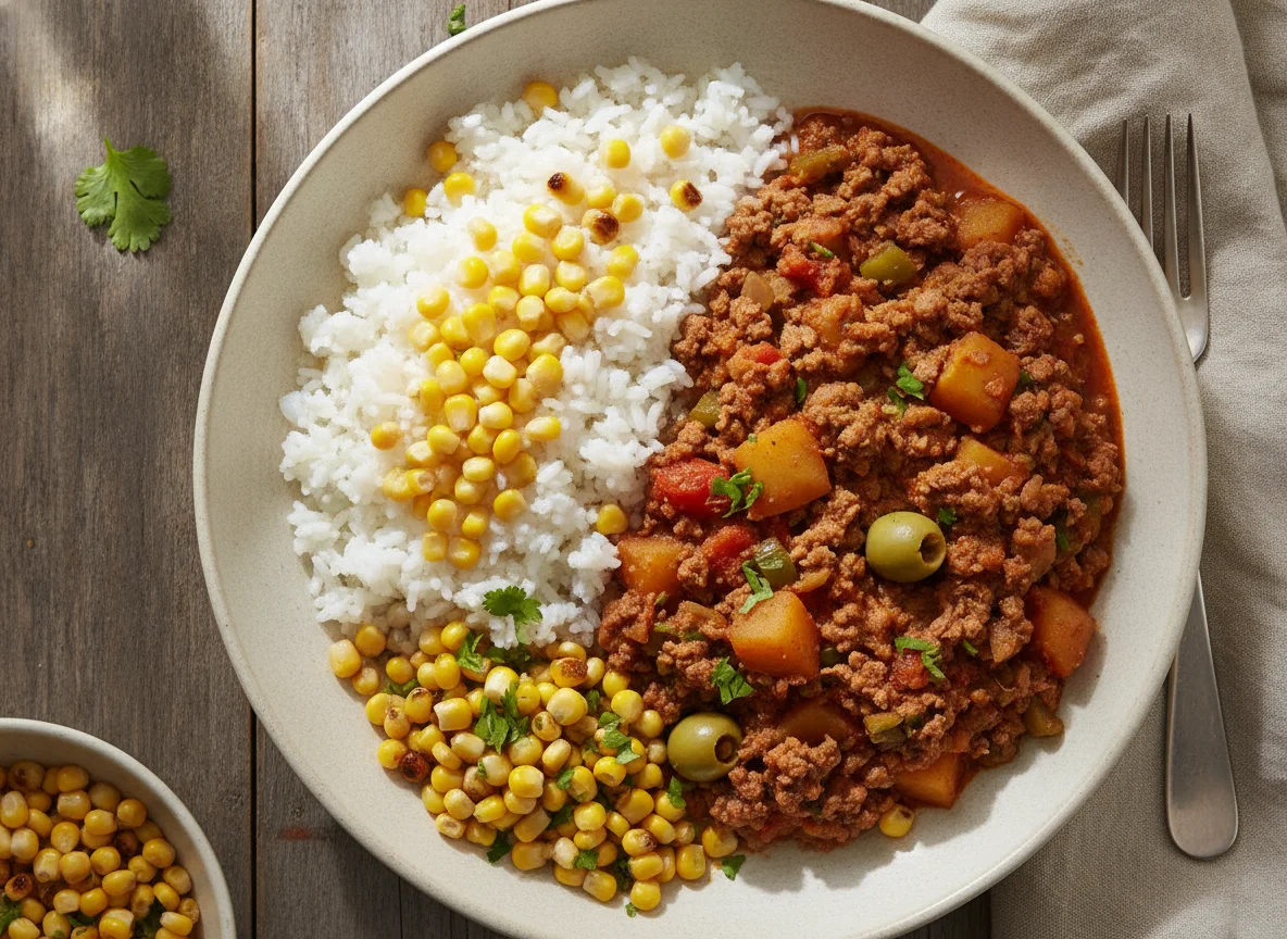 Picadillo con arroz blanco y elote photo