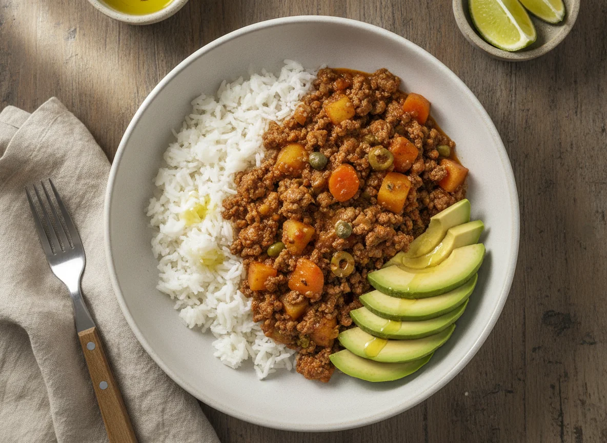 Picadillo con arroz y aguacate photo