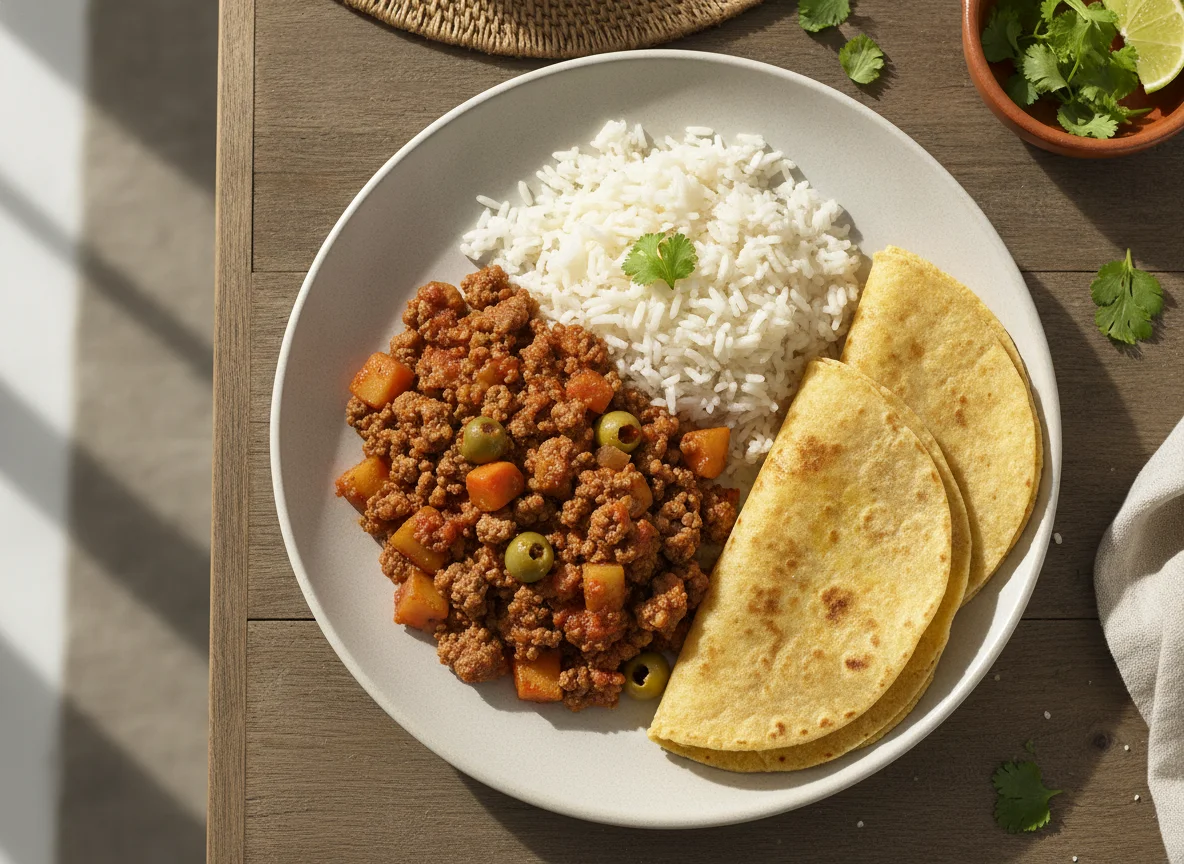 Picadillo con arroz y tortilla photo