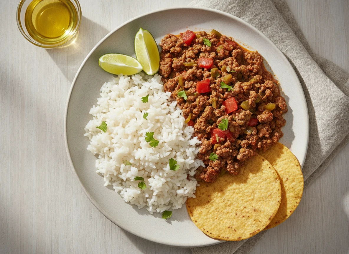 Picadillo con arroz y tostada photo