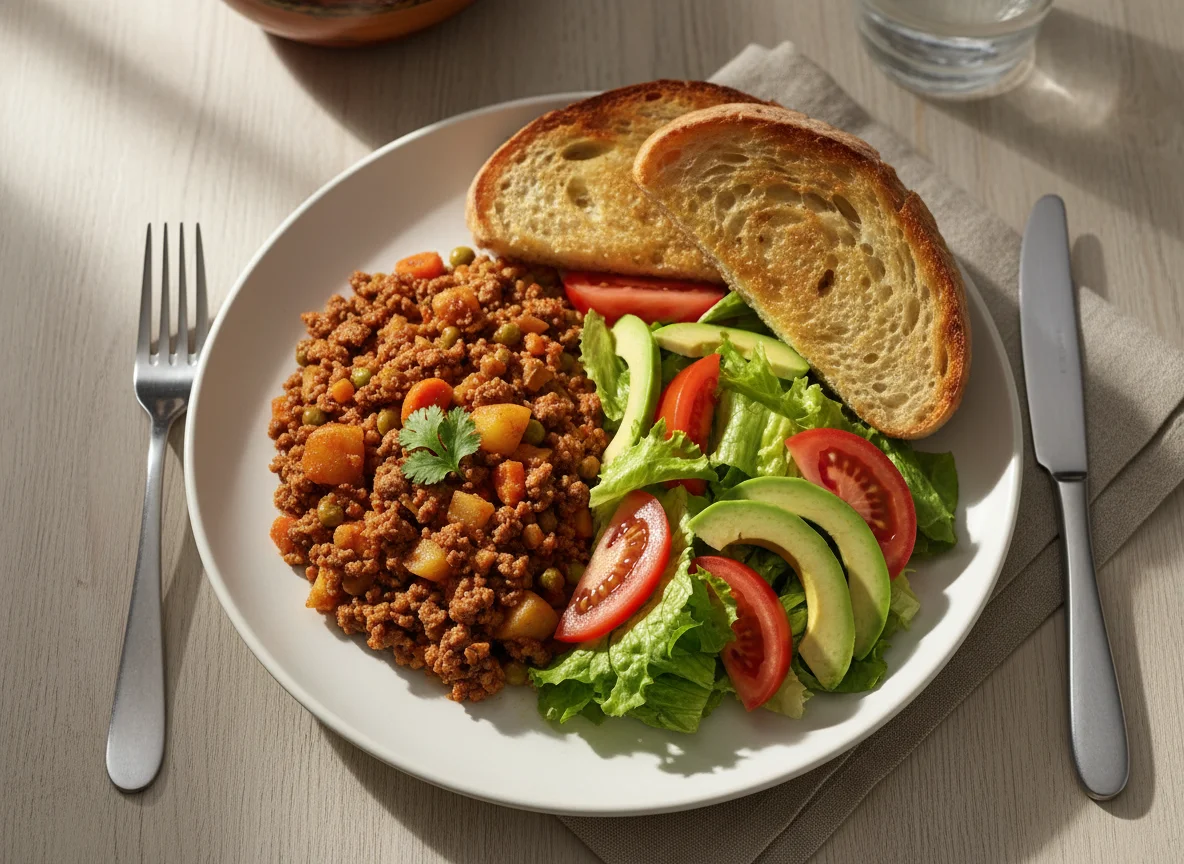 Picadillo con ensalada y pan tostado photo