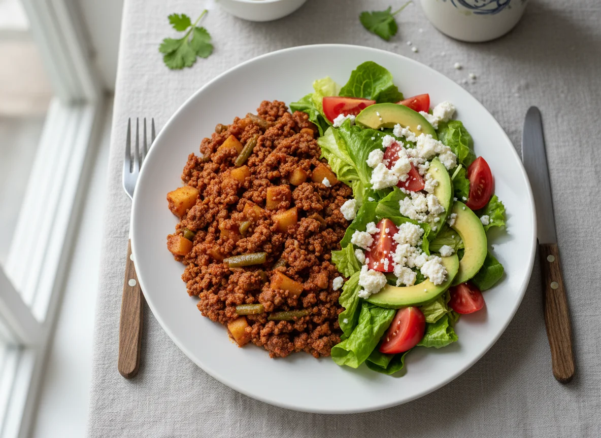 Picadillo con ensalada y queso fresco photo
