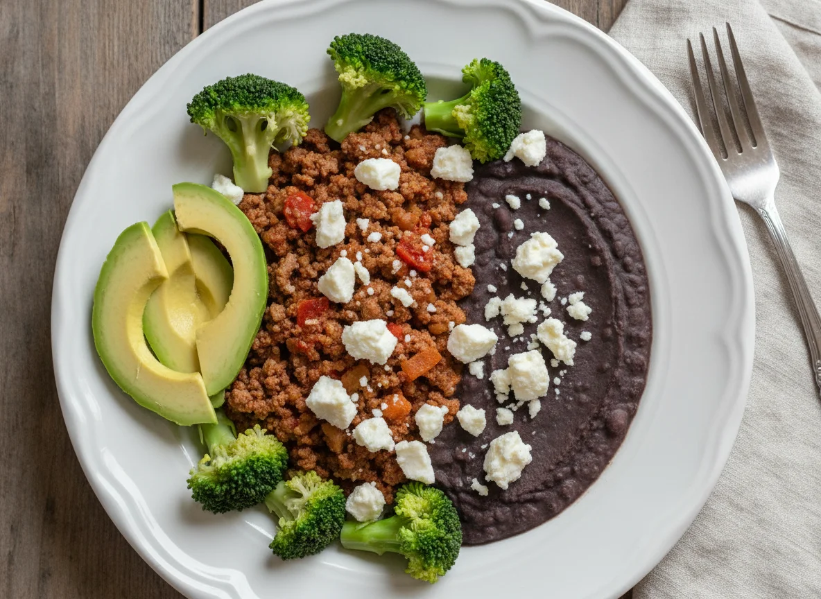 Picadillo con frijoles, aguacate y queso photo