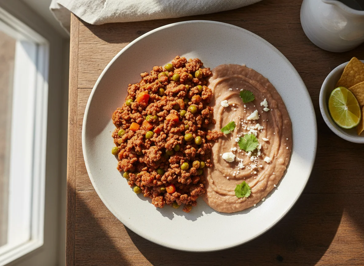 Picadillo con frijoles refritos photo