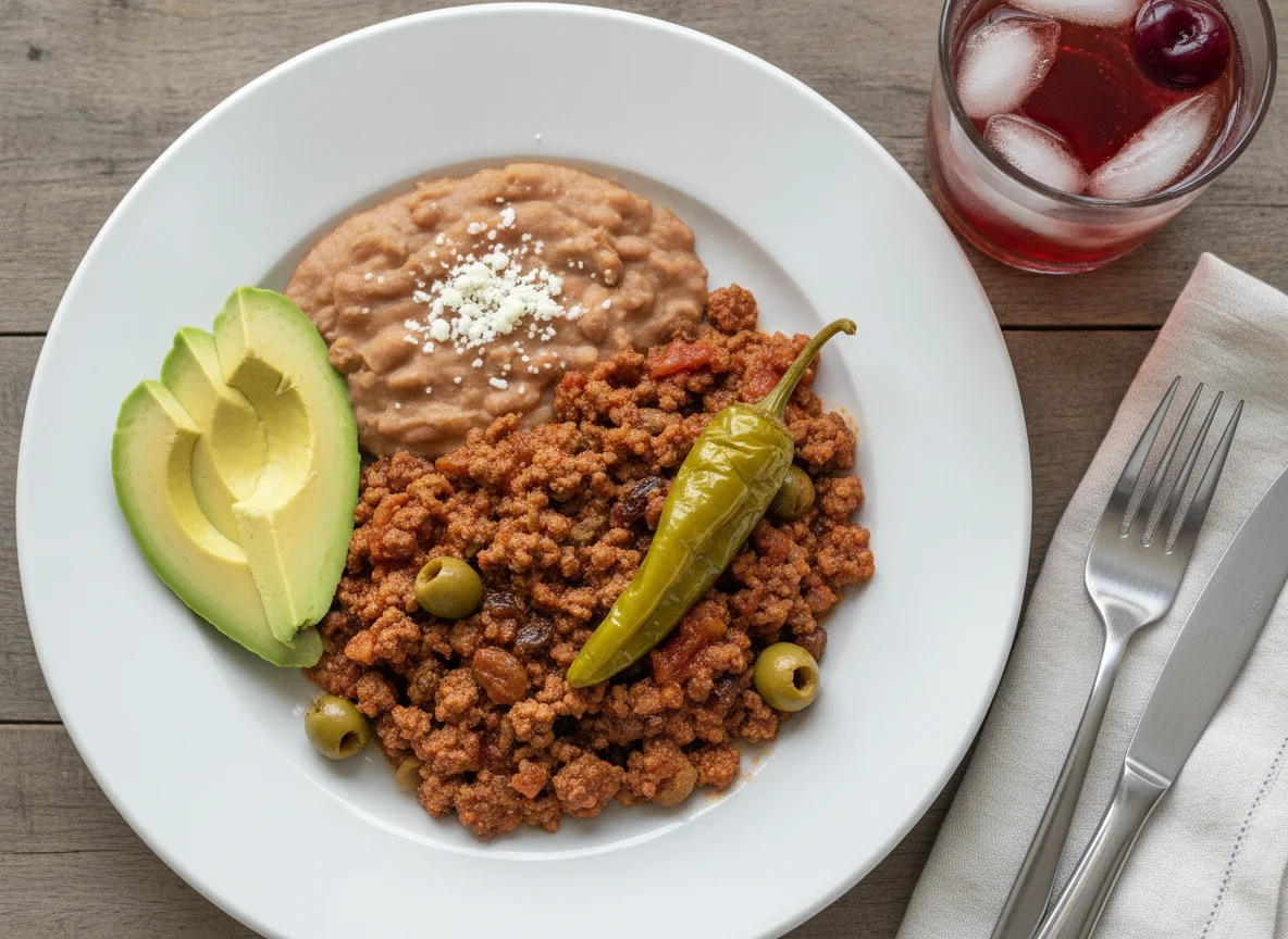 Picadillo con frijoles refritos y aguacate photo