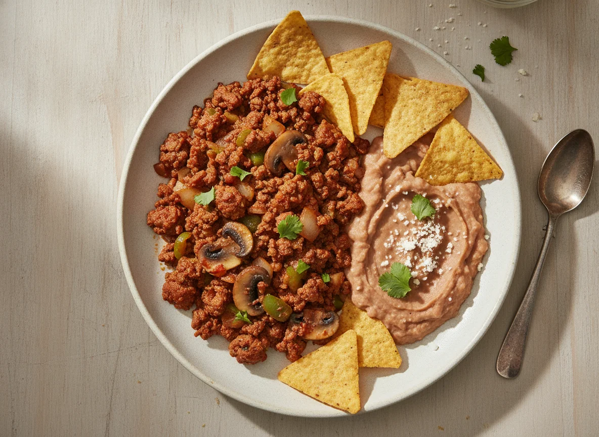 Picadillo con frijoles refritos y totopo photo