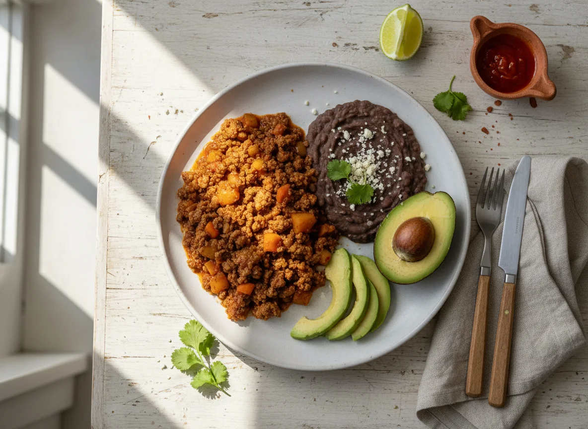 Picadillo con frijoles y aguacate photo