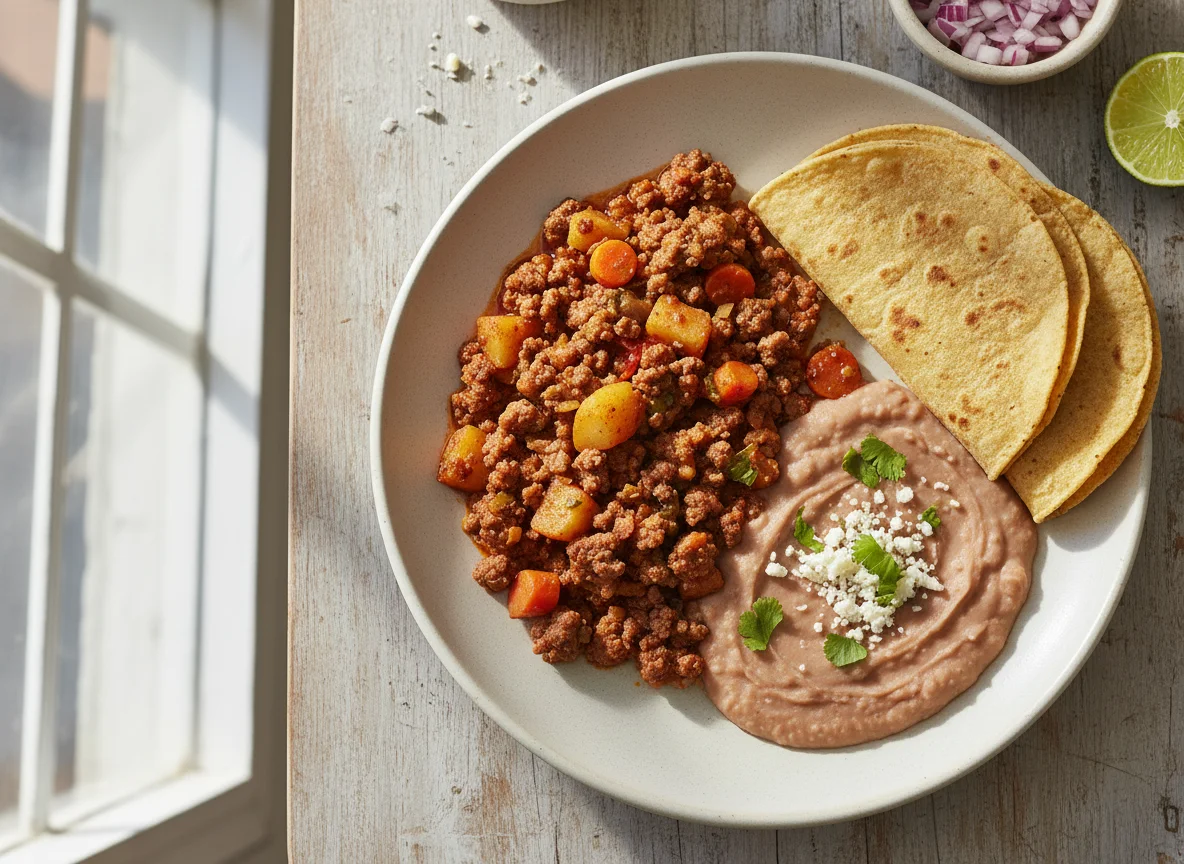 Picadillo con frijoles y tortillas photo