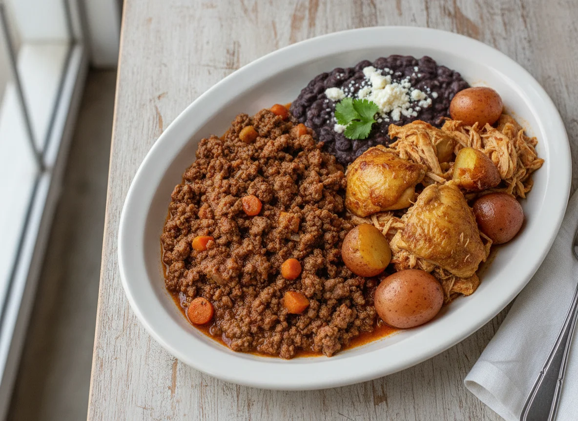 Picadillo con guisado de pollo y papas photo