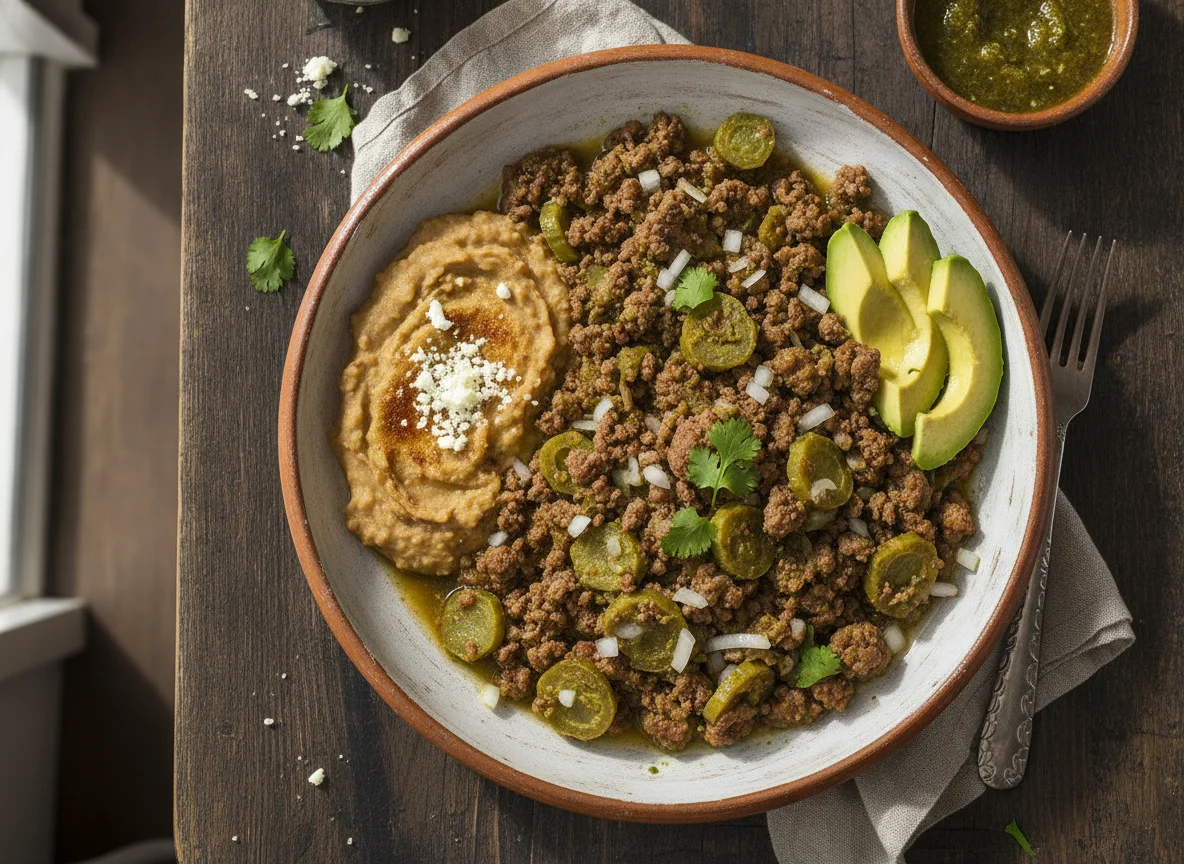 Picadillo con nopales, frijoles refritos y aguacate photo