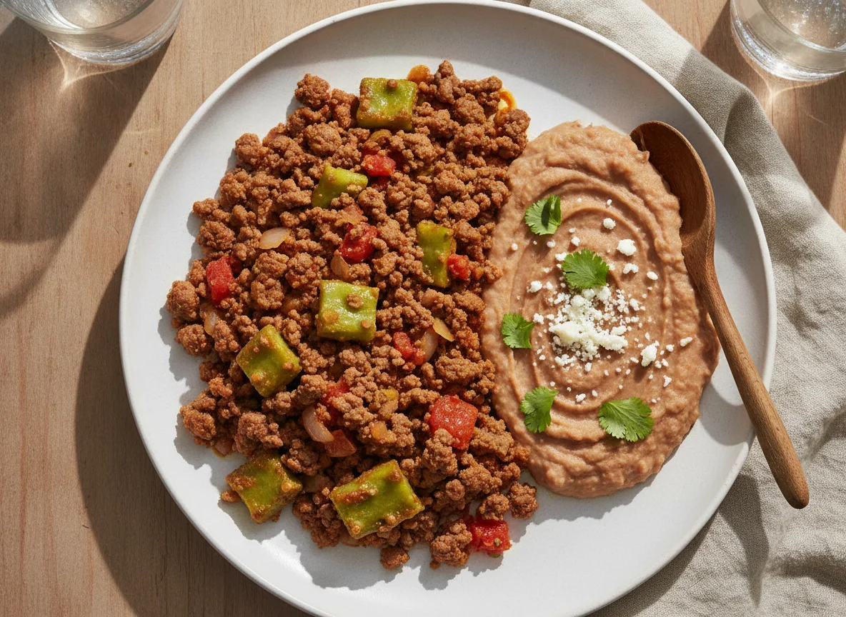 Picadillo con nopales y frijoles refritos photo