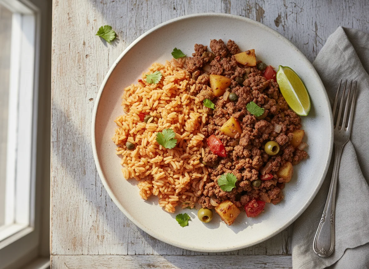 Picadillo con papa y arroz photo