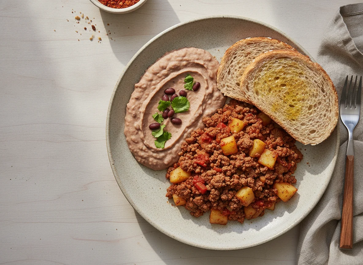Picadillo con papas, frijoles refritos y pan integral photo