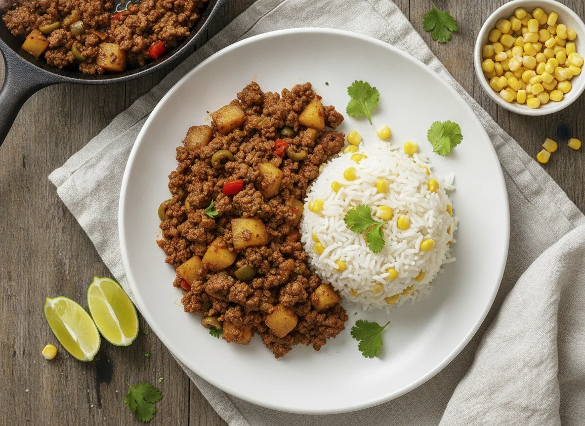 Picadillo con papas y arroz blanco con elote photo