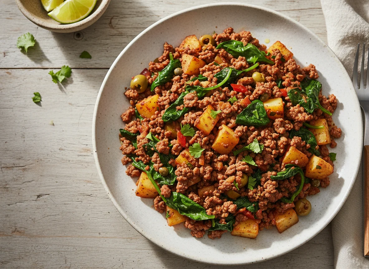 Picadillo con papas y espinacas photo